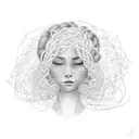 A dotwork illustration of a woman's silhouette with a tangled ball of yarn inside her head, symbolizing the entangled thoughts and worries that come with overthinking and always putting others first. tattoo design idea
