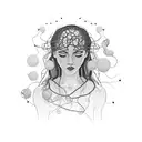A dotwork illustration of a woman's silhouette with a tangled ball of yarn inside her head, symbolizing the entangled thoughts and worries that come with overthinking and always putting others first. tattoo design idea