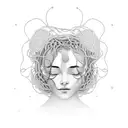 A dotwork illustration of a woman's silhouette with a tangled ball of yarn inside her head, symbolizing the entangled thoughts and worries that come with overthinking and always putting others first. tattoo design idea