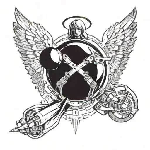 A futuristic guardian angel with mechanical wings, holding a glowing orb of destiny tattoo design idea