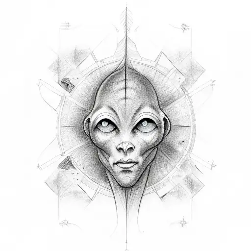 A sketch-style tattoo of a human evolving into an extraterrestrial being with musical notes forming the background tattoo design idea