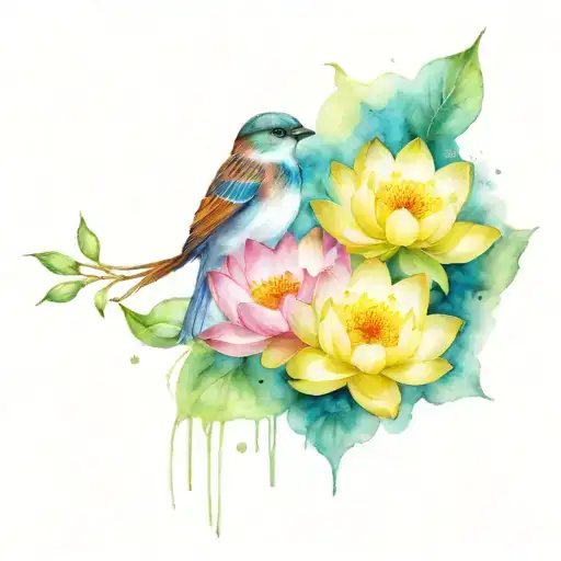 two sparrows and a lotus flower blooming tattoo design idea
