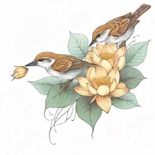 two sparrows and a lotus flower blooming tattoo design idea