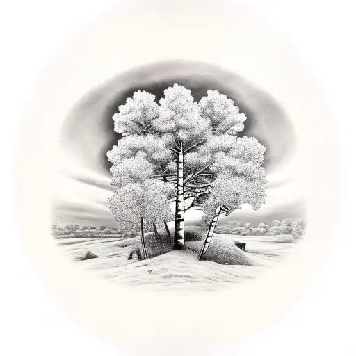 birch tree and two musket guns inside a black frame tattoo design idea