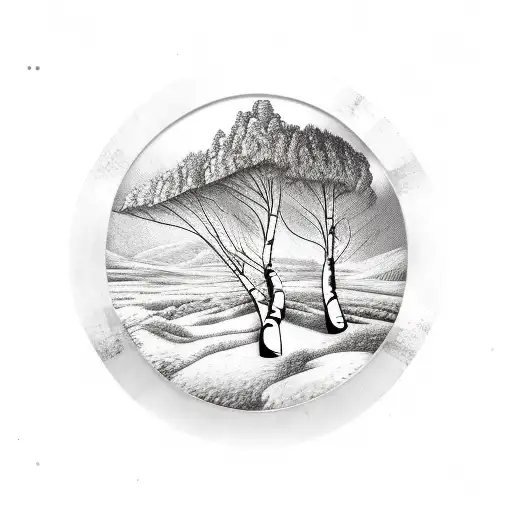 birch tree and two musket guns inside a black frame tattoo design idea