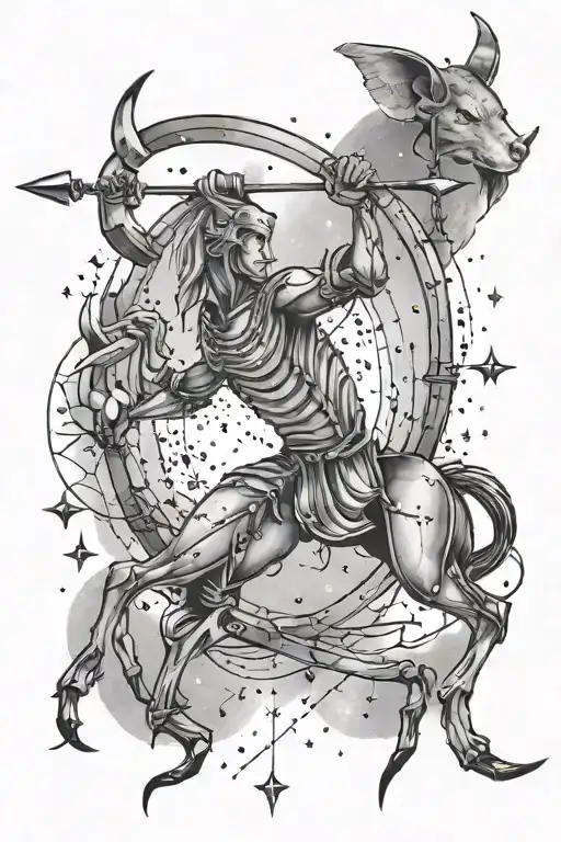 bow & arrow with buck standing below, scorpius constellation in the sky above. Scorpion on the ground.  tattoo design idea