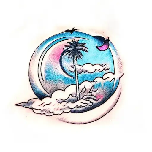Straight Palm Tree with a moon on top and 3 bats around it tattoo design idea