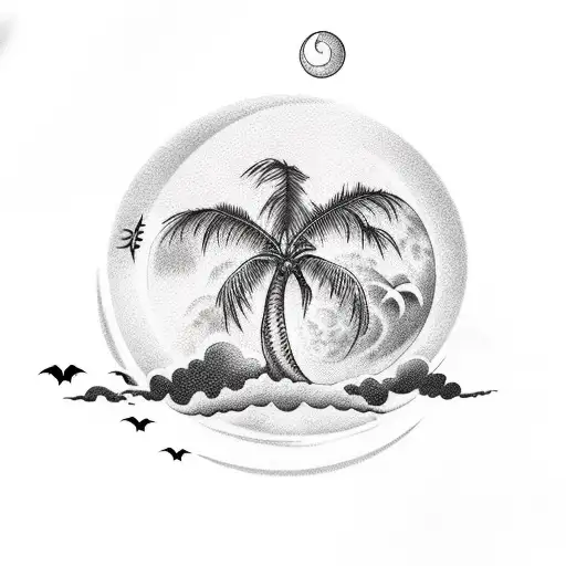 Straight Palm Tree with a moon on top and 3 bats around it tattoo design idea