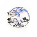 Straight Palm Tree with a moon on top and 3 bats around it tattoo design idea