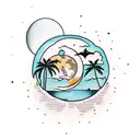 Straight Palm Tree with a moon on top and 3 bats around it tattoo design idea