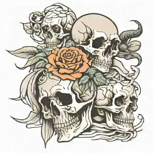 roses mad out of money and three skulls stacked on top of wach other with snake wrapping around them tattoo design idea