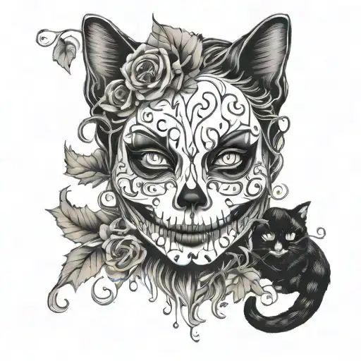 Vines with a cat skull gothic clown woman tattoo design idea