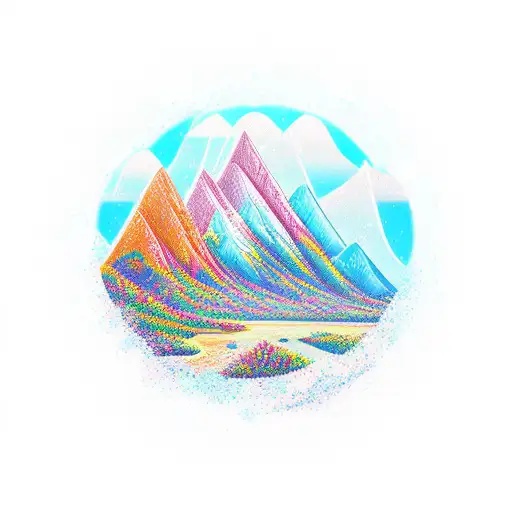 A vibrant and colorful mountain landscape with a peaceful ocean view in the background tattoo design idea