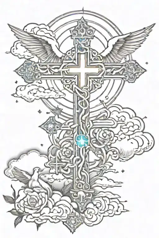 cross tattoo with clouds and doves flying and lights tattoo design idea