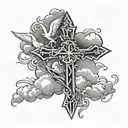 cross tattoo with clouds and doves flying and lights tattoo design idea