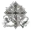 cross tattoo with clouds and doves flying and lights tattoo design idea