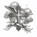 cross tattoo with clouds and doves flying and lights tattoo design idea