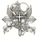 cross tattoo with clouds and doves flying and lights tattoo design idea