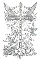 cross tattoo with clouds and doves flying and lights tattoo design idea