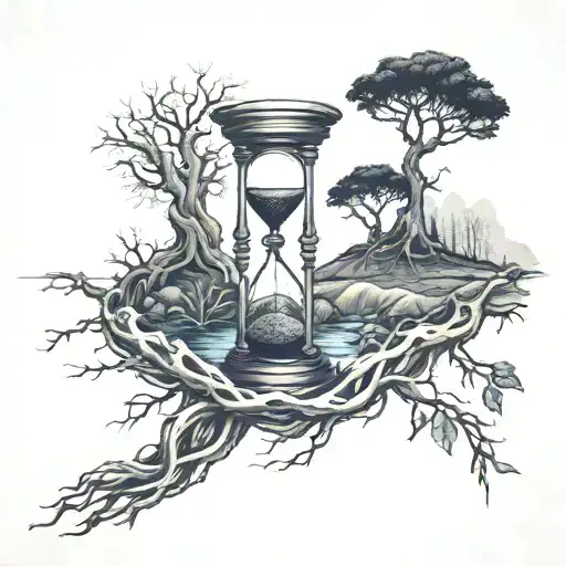 hourglass, tree, roots, road, hands, scorpions tattoo design idea