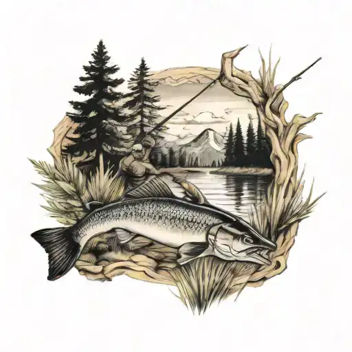 hunting and fishing scene tattoo design idea