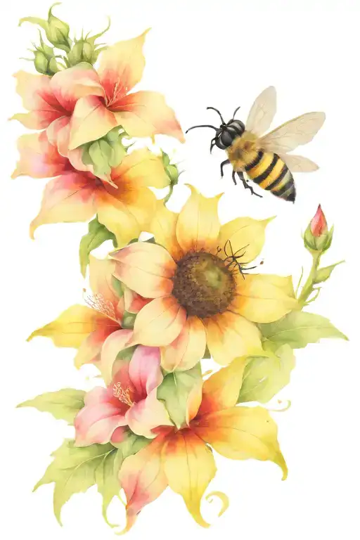 sunflower,bees,hibiscus tattoo design idea