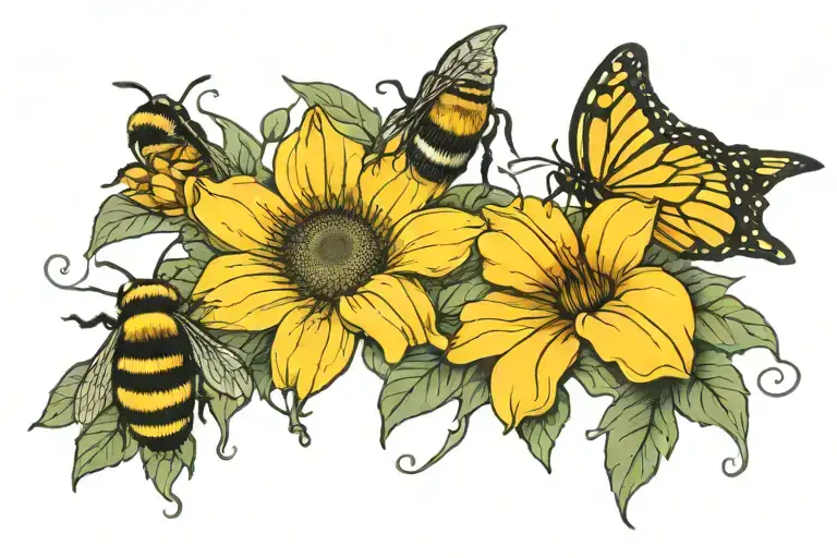 sunflower, bees, hibiscus tattoo design idea