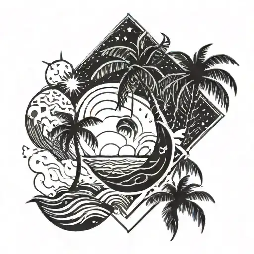A geometric design incorporating the sun, moon, and stars with waves and palm trees tattoo design idea