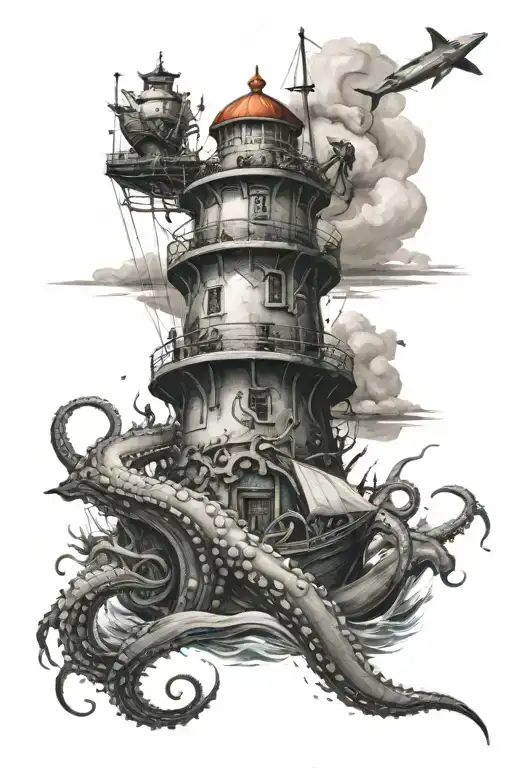 There is a lighthouse with an injured big octopus climbing up and holding Poseidon's fork, an injured fierce shark jumping to the sea, a big compass and a big ship. tattoo design idea