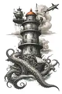 There is a lighthouse with an injured big octopus climbing up and holding Poseidon's fork, an injured fierce shark jumping to the sea, a big compass and a big ship. tattoo design idea