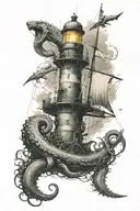 There is a lighthouse with an injured big octopus climbing up and holding Poseidon's fork, an injured fierce shark jumping to the sea, a big compass and a big ship. tattoo design idea