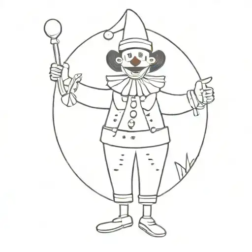 full body, elegant puppet character in a playful clown costume, depicted in a soft and minimalistic style, fancy posture tattoo design idea