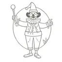 full body, elegant puppet character in a playful clown costume, depicted in a soft and minimalistic style, fancy posture tattoo design idea