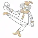 full body, elegant puppet character in a playful clown costume, depicted in a soft and minimalistic style, fancy posture tattoo design idea