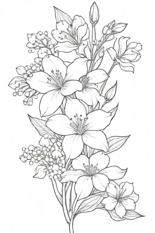 boquet of flowers including 1 violet, 1 lily of the valley, 1 aster, and 3 cosmos tattoo design idea