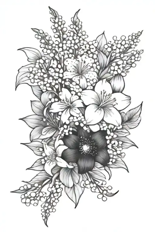 boquet of flowers including 1 violet, 1 lily of the valley, 1 aster, and 3 cosmos tattoo design idea