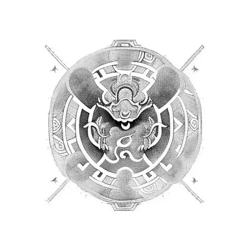 half-armor tattoo pattern, Chinese style, combined with Taoist elements and auspicious cloud lines, Polynesian style tat tattoo design idea