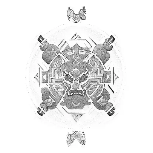 half-armor tattoo pattern, Chinese style, combined with Taoist elements and auspicious cloud lines, Polynesian style tat tattoo design idea