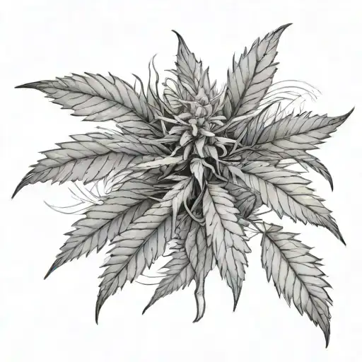A realistic black and grey portrait of a cannabis plant with intricate details tattoo design idea