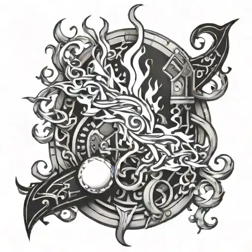 Create a tattoo design that features Hestia's sacred flame intertwined with sport equipment or symbols tattoo design idea