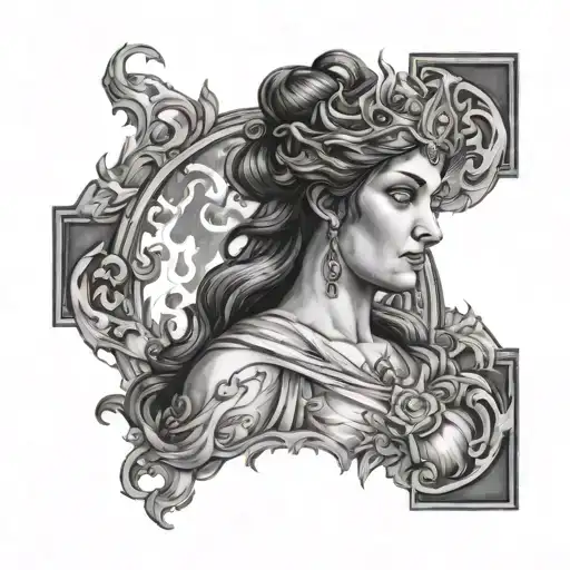A black and grey portrait of Hestia surrounded by flames, symbolizing her role as the goddess of the hearth and home tattoo design idea