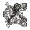 A black and grey portrait of Hestia surrounded by flames, symbolizing her role as the goddess of the hearth and home tattoo design idea