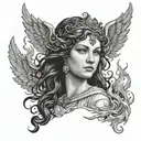 A black and grey portrait of Hestia surrounded by flames, symbolizing her role as the goddess of the hearth and home tattoo design idea