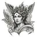 A black and grey portrait of Hestia surrounded by flames, symbolizing her role as the goddess of the hearth and home tattoo design idea