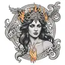 A black and grey portrait of Hestia surrounded by flames, symbolizing her role as the goddess of the hearth and home tattoo design idea