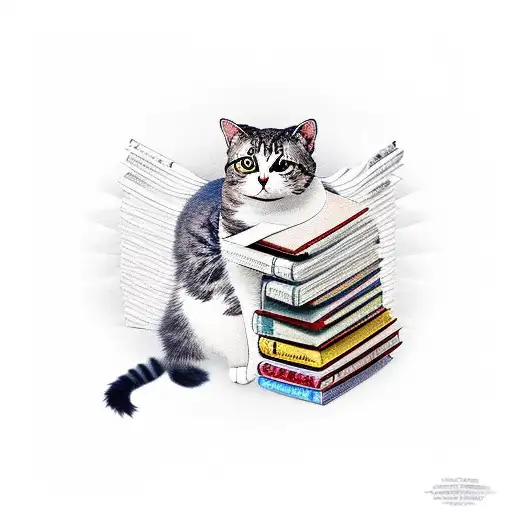 A cat sitting on a stack of books with philosophical symbols incorporated into the background tattoo design idea