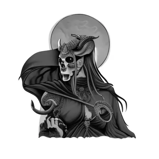 a woman demon with Aries  skull tattoo design idea