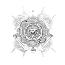 An intricate mandala design featuring gaming symbols like controllers and sharks intertwined tattoo design idea