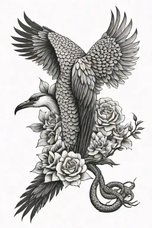 crane bird with flowers and snake tattoo design idea