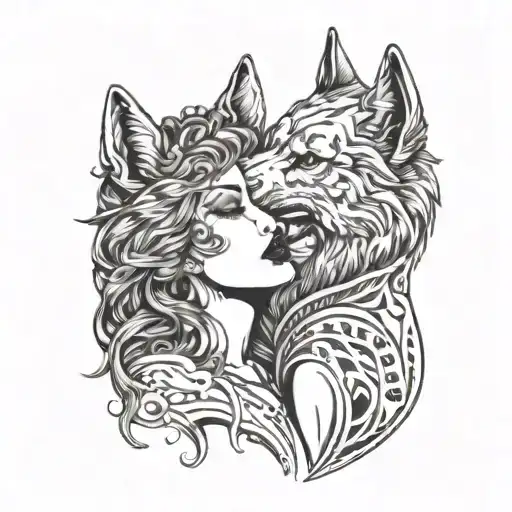 lineart black and white woman kissing wolf on the mouth tattoo design idea